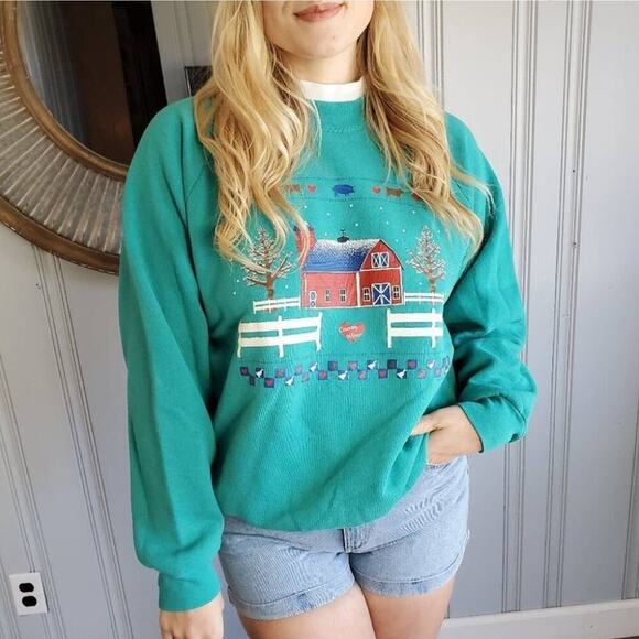 Vintage Tops - Vtg 90's Collared Teal Collared Cottagecore Grandma Sweatshirt